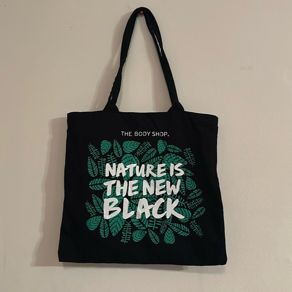 The Body Shop Black Tote with Green Leaf Design